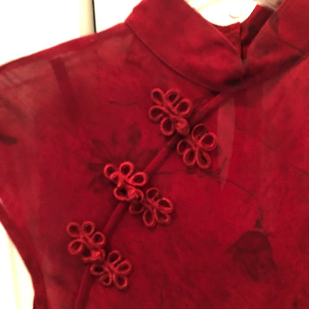 Full Length Burgundy Sheer Gown with Mandarin Collar, Side Slits - Picture 2 of 4